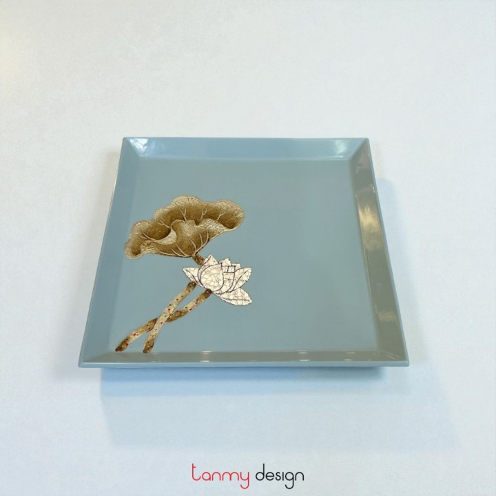 Khay sơn mài vuông xanh lá vát cạnh vẽ sen 22 cm